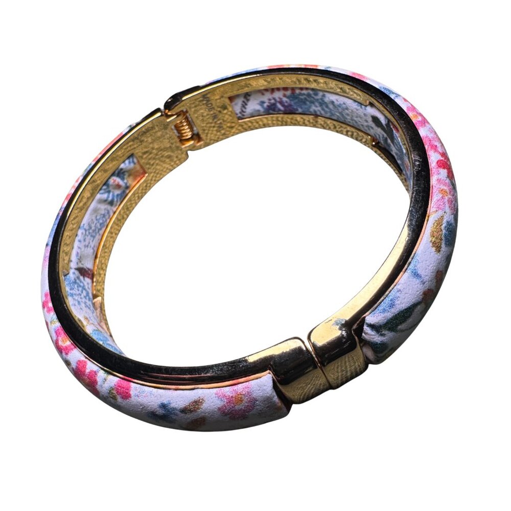 Floral Gold-Accented Bangle Bracelet Signed Italy - Picture 4 of 12